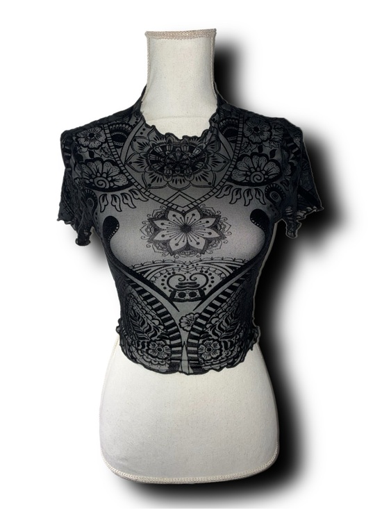 Tops - Mandala and Paisley Print Sheer Lettuce Hem Cropped Top Whimsigoth Vibes